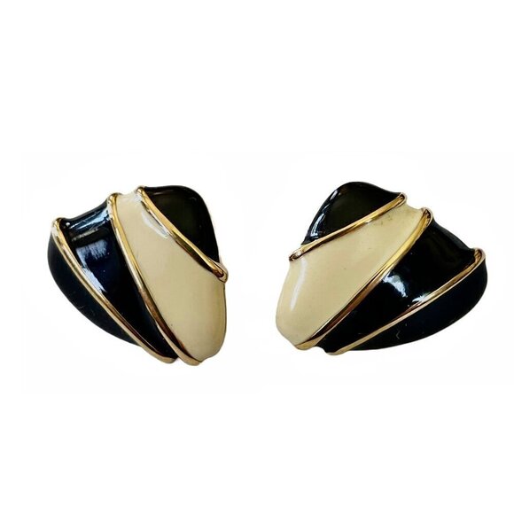 Vintage Black and Cream Enamel with Gold Stripes Triangle Pierced Earrings - Picture 1 of 5